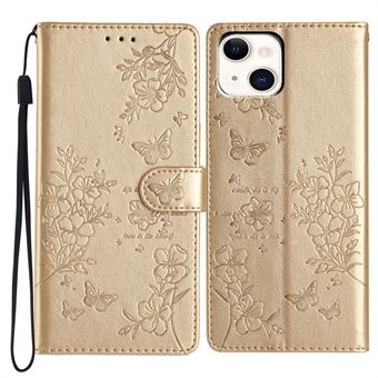 För iPhone 15 Plånboksfodral Fjäril Blompräglat Läder Telefonfodral med Rem