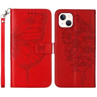 YB Präglingsserien-4 För iPhone 15 PU Läderställ Telefonfodral Plånbokfodral med fjärilblomtryck och handrem