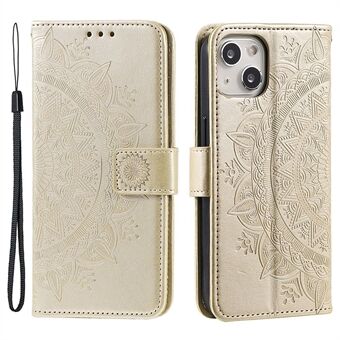 För iPhone 15 PU-läderstativomslag med Mandala-blomtryck plånboksfodral med rem