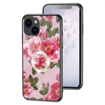 För iPhone 15 blommönster utskrift mobilskal härdat glas+PC+TPU ring kickstand-skydd.