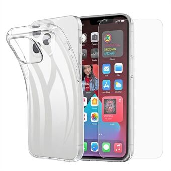 För iPhone 15 Flexibelt TPU genomskinligt, repmotståndigt telefonfodral med 2.5D-bågkantat tempererat glas till skärmskydd.