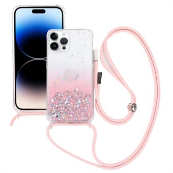 Gradient Epoxiförstärkt TPU-skal för iPhone 15 med glitterkvicksand, skyddande mot stötar och fall med tunn lanyard.