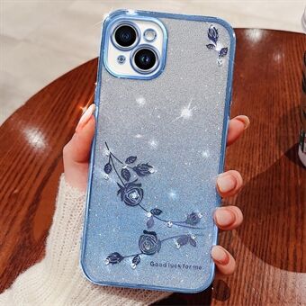 För iPhone 15 tunn skal Blomma Glitter Strass TPU Gradient Omslag Mobiltelefonhölje