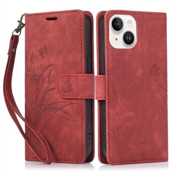 För iPhone 15 Flip Wallet Case i läder med Påtryckt Orkidéfjäril.