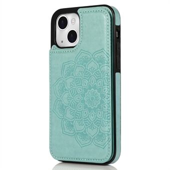 För iPhone 15 mobilskal med präglad mandala blomma i PU-läder+TPU-skydd