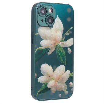 KYW-serien för iPhone 15-fodral Temperglas+PC-baksida Blommönster Telefonfodral