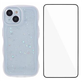 WANLONFENG JWT-serien för iPhone 15 Plus TPU-fodral Epoxymobilskal Vågig kant med härdat glas