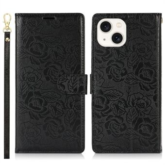 För iPhone 15 Plus / 14 Plus Fodral med Handrem Blomprägling Läder Plånbokstelefonfodral