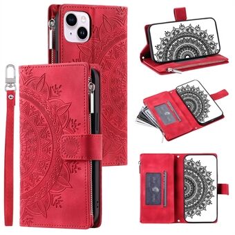 För iPhone 15 Plus Zipper Wallet Läder Mobilfodral Mandala Blomma Präglad Stående Korthållare Skal med Rem