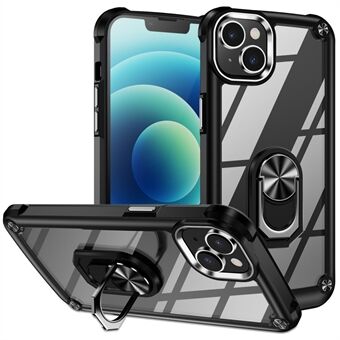 För iPhone 15 Plus Ring Kickstand telefonfodral i legeringsram med PC + TPU-skyddande skal.