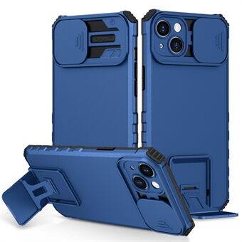 För iPhone 15 Plus Slide Camera Lid Telefonväska PC+TPU Stötskyddande Fodral med Stödben