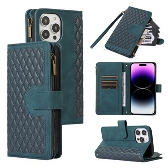 För iPhone 15 Plus Flip Wallet Stand Case 9-kortfack, dragkedja för ficka och telefonfodral med handleds- och axelremmar.