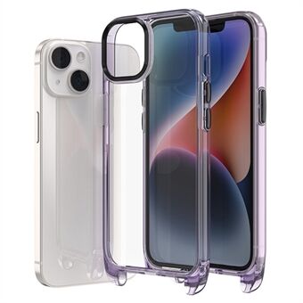 F7 För iPhone 15 Plus Hög Transparent Bakre Stötsäker Stötfångare Blankbladig PC+TPU Telefonfodral med Nyckelhålsrem