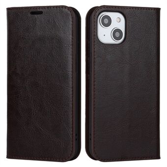 För iPhone 15 Plus galopp-tekstur Flip Stand Wallet Cover Äkta ko läder mobilfodral