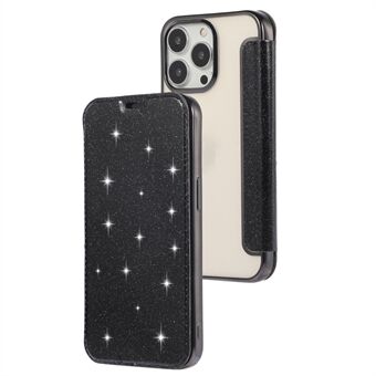 För iPhone 15 Plus Korthållare Glitter Puder PU Läder+TPU Transparent Telefonfodral Ställfodral