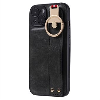 För iPhone 15 Plus PU läderbeklädd PC+TPU fodral Armband Stativ Flasköppnare Telefonfodral