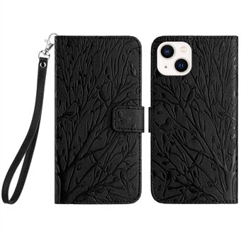 För iPhone 15 Plus Cover Tree Bird Imprint PU Läder Ställbar Mobiltelefonfodral