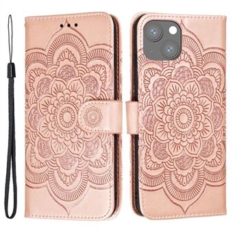 För iPhone 15 Plus-plånboks-skal i PU-läder med Mandala Flower-motiv