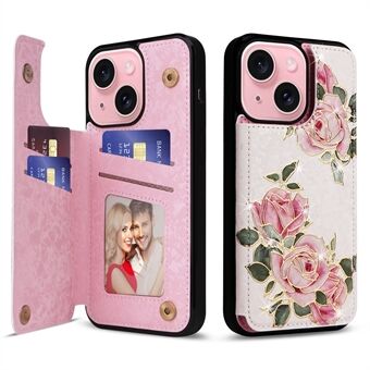 För iPhone 15 Plus Fodral Lackad Blomma PU-Läder + TPU-Kortshållare Telefonfodral