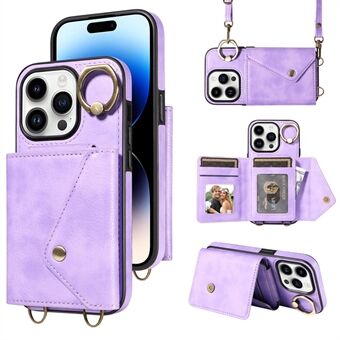 002 För iPhone 15 Pro Fodral PU Läder Crossbody Telefontäcke Kortficka Ring Stöd