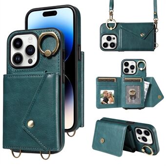 002 För iPhone 15 Pro Fodral PU Läder Crossbody Telefonfodral Kortficka Ringstativ