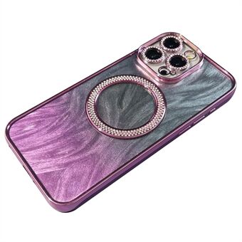 För iPhone 15 Pro magnetiskt fodral fjädertextur bling glittrig TPU + PC mobilfodral