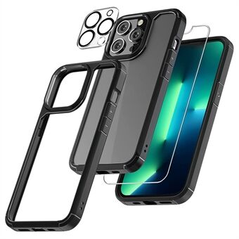 För iPhone 15 Pro Fodral PC+TPU Genomskinligt Telefonskal med 2 Skärmskydd + 2 Kameralins Skärmskydd