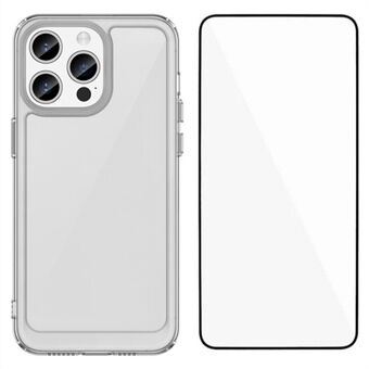 WANLONFENG MF-serien för iPhone 15 Pro-fodral TPU + akryl genomskinligt telefonskal med härdat glasfilm