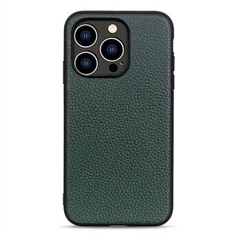 För iPhone 15 Pro Anti-Scratch Litchi Texture Phone Case Äkta koskinn + PC + TPU Hybridskal