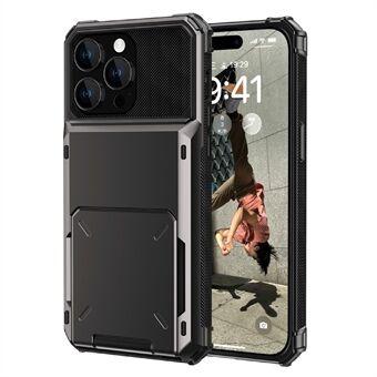 För iPhone 15 Pro TPU+PC-telefonfodral Drop-säkert baksida med flip-korthållare.