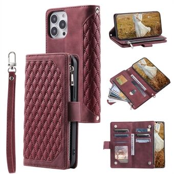 Zippered Wallet Phone Cover för iPhone 15 Pro - PU-läder Flip Cover med Rhombus Textur, Anti-Drop Skyddsskal med Rem