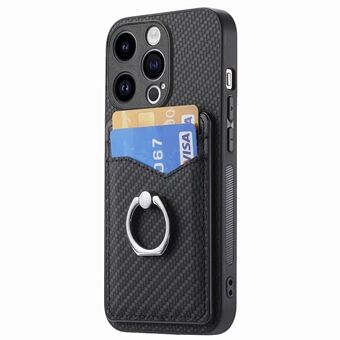 PU läder+PC+TPU mobilfodral för iPhone 15 Pro, kolfiber-textur korthållare ringstöd mobilskydd