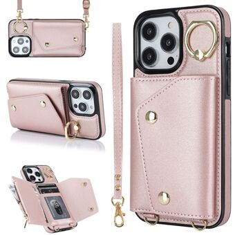 För iPhone 15 Pro Zipper Wallet Kickstand Case PU Läder+TPU Axelslinga Telefonfodral