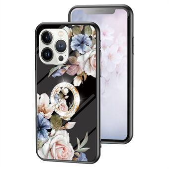 För iPhone 15 Pro, härdat glas blommönster telefonfodral, stöttålig PC+TPU-ringstödshölje.