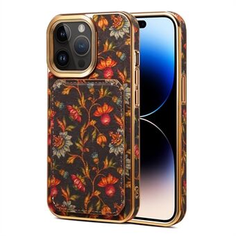 För iPhone 15 Pro Flower Pattern Kickstand Cover PU Läderbelagd PC+TPU Korthållare Telefonfodral