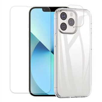 För iPhone 15 Pro TPU genomskinligt telefonfodral + härdat glas linskydd + 2.5D-arkkantskärmskydd