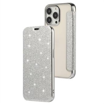 Ställfodral för iPhone 15 Pro, Korthållare Glitterpuder Slitstarkt PU-läder+TPU Genomskinligt Telefonfodral