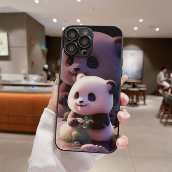 För iPhone 15 Pro-fodral Stötdämpande Panda-mönstertryck härdat glas + TPU-telefonfodral med linsfilm.