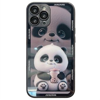 Mobiltelefonfodral för iPhone 15 Pro Milk Tea Panda-mönster Härdat glas+TPU-skal med linsfilm.