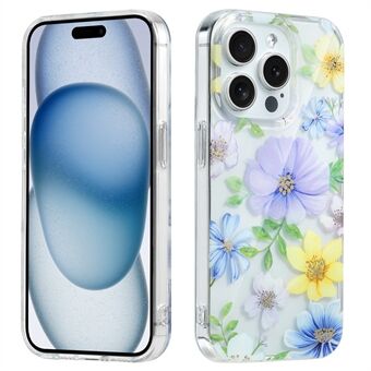 För iPhone 15 Pro blommönstrad mobilskal i PC + TPU genomskinligt fodral.