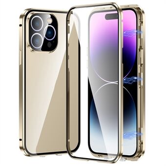 För iPhone 15 Pro Max Dubbelsidigt härdat glas + metallram fodral Rak kant Magnetiskt telefonfodral med spänne