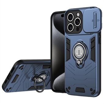 För iPhone 15 Pro Max Fodral PC+TPU Ring Kickstand Telefonhölje med Skjutbart Objektivlock