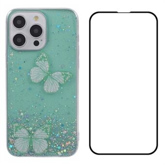 WANLONFENG AW Series för iPhone 15 Pro Max TPU-fodral med skärmskydd, 3D fjärilsglittermobilskal