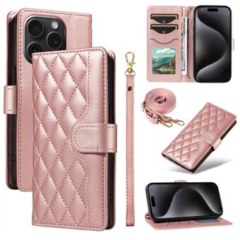 För iPhone 15 Pro Max Crossbody Case Ställ Kviltat Läder Skyddande Telefonfodral