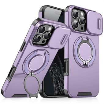 För iPhone 15 Pro Max Magnetiskt Telefonfodral Skjutbart Linskydd Ringstativ TPU+PC Omslag