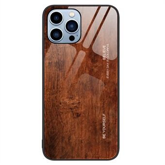 För iPhone 15 Pro Max Wood Grain Design Telefonfodral med härdat glas bakstycke + TPU-ram bakomskal