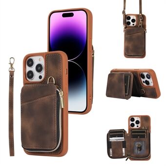 För iPhone 15 Pro Max Zipper Wallet Phone Cover Kickstand PU Läderklädd TPU-fodral