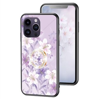 För iPhone 15 Pro Max blomstermönster härdat glasväska PC+TPU Ringstöd mobilfodral.