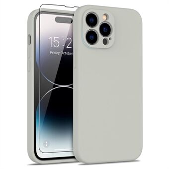 För iPhone 15 Pro Max vätskesilikontelefonfodral, anti-drop skyddsskal med härdad glasfilmskärm.