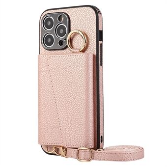 Korthållare Stödplatta Fodral för iPhone 15 Pro Max Anti-fall PU+PC+TPU-telefonfodral med sminkspegel, axelrem